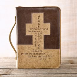 Bible Cover-John 3:16/Cross-Medium-Brown/Tan Two Tone LuxLeather